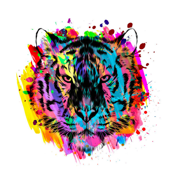 colorful artistic tiger muzzle with bright paint splatters on white background.