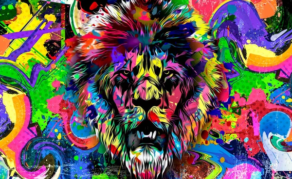 Colorful Artistic Lion Muzzle Bright Paint Splatters Dark Background — Stock Photo, Image