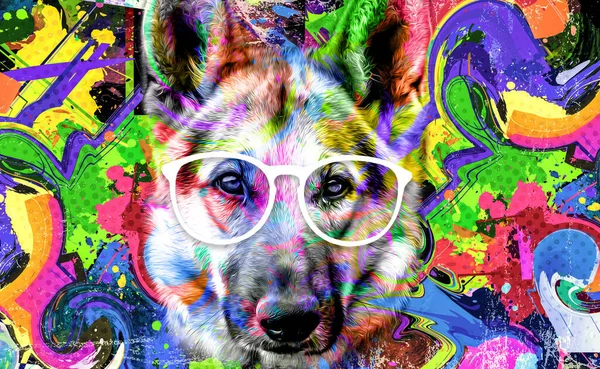 Schäferhundekopf Brille Mit Kreativen Abstrakten Elementen Auf Dunklem Hintergrund — Stockfoto