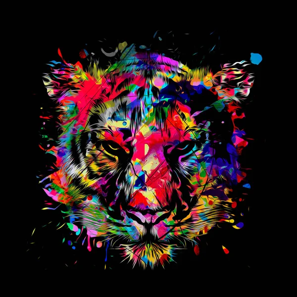 Colorato Muso Artistico Tigre Con Brillanti Schizzi Vernice Sfondo Scuro — Foto Stock