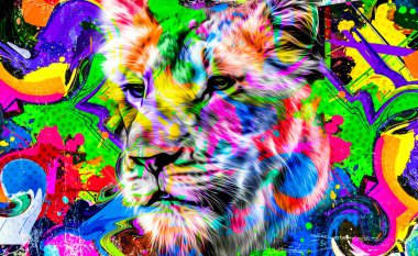 Koyu arkaplanda parlak boya lekeleri olan renkli sanatsal dişi aslan ağızlığı..