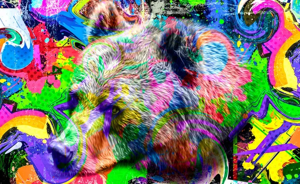 Colorido Artístico Urso Focinho Com Respingos Tinta Brilhante Fundo Escuro — Fotografia de Stock
