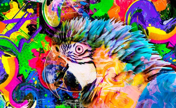 Papagaio Artístico Colorido Com Respingos Tinta Brilhante Fundo Escuro — Fotografia de Stock