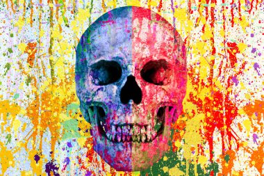 Koyu arkaplanda renkli yaratıcı elementlere sahip kafatası, yakın görünüm 