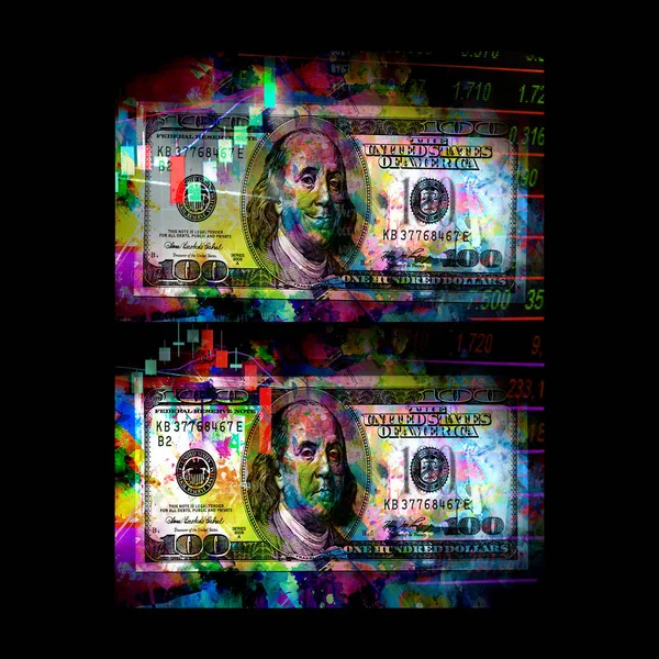 Banknot Dolarowy Kreatywnymi Kolorowymi Elementami Abstrakcyjnymi Ciemnym Tle — Zdjęcie stockowe