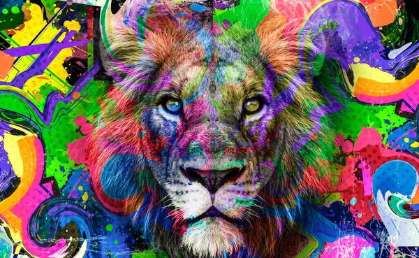 Colorful Artistic Lion Muzzle Bright Paint Splatters Dark Background — Stock Photo, Image