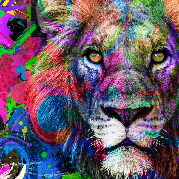 Colorful Artistic Lion Muzzle Bright Paint Splatters Dark Background — Stock Photo, Image