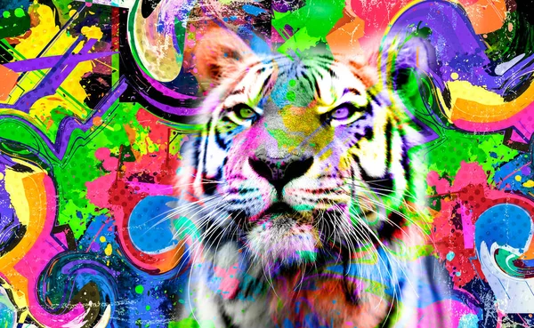 Colorido Tigre Artístico Hocico Con Salpicaduras Pintura Brillante Sobre Fondo — Foto de Stock