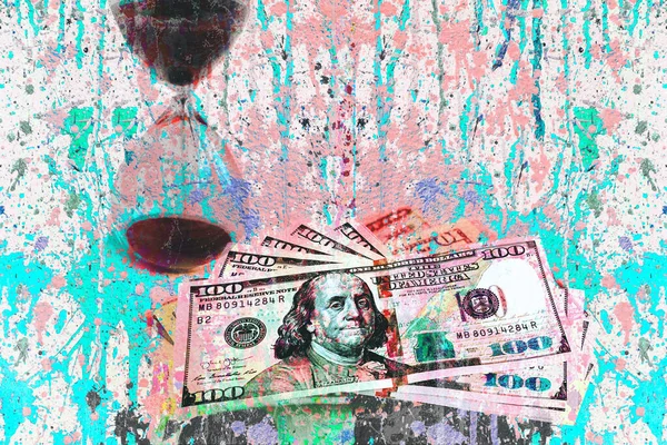 Colorful Dollars Banknotes Hourglass Bright Paint Splatters White Background Time — Stock Photo, Image