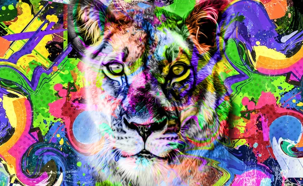 Colorful Artistic Lioness Muzzle Bright Paint Splatters Dark Background — Stock Photo, Image