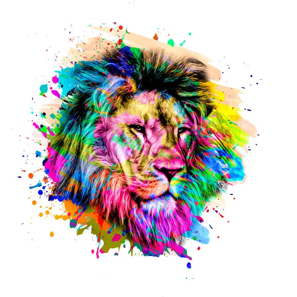 Colorful Artistic Lion Muzzle Bright Paint Splatters White Background — Stock Photo, Image