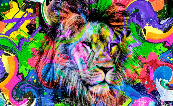 Colorful Artistic Lion Muzzle Bright Paint Splatters Dark Background — Stock Photo, Image