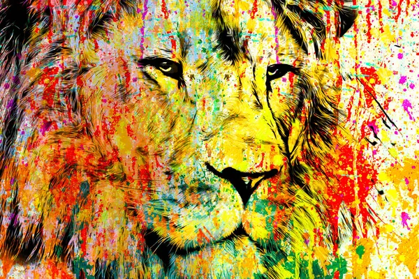白い背景に明るいペイントスプラッターのあるカラフルな芸術的なライオンの銃口 — ストック写真