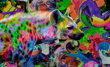 Koyu arkaplanda parlak boya lekeleri olan renkli sanatsal sırtlan ağızlığı..