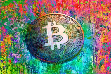 Beyaz arka planda parlak boya lekeleri olan renkli bitcoin, kripto para kavramı 