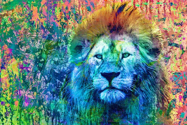 Colorful Artistic Lion Muzzle Bright Paint Splatters Dark Background — Stock Photo, Image