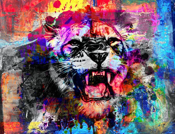 Kolorowy Artystyczny Ryczący Kaganiec Tygrysa Jasnymi Rozpryskami Farby Ciemnym Tle — Zdjęcie stockowe