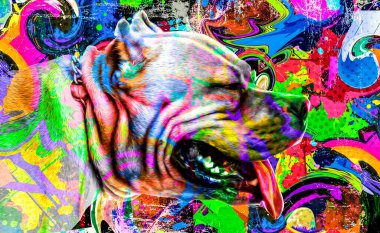 Beyaz arka planda parlak boya lekeleri olan renkli sanatçı köpek ağızlığı..