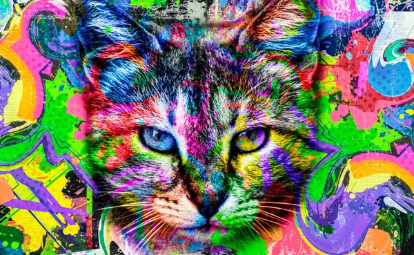 Kleurrijke Artistieke Kitty Muilkorf Met Heldere Verf Splatters Donkere Achtergrond — Stockfoto