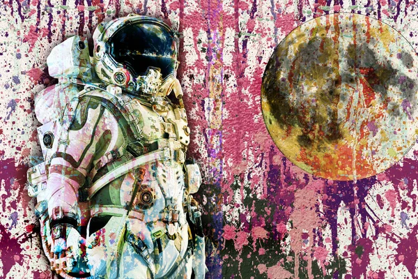 Kolorowy Astronauta Artystyczny Kostiumie Stojącym Pobliżu Księżyca Jasnymi Rozpryskami Farby — Zdjęcie stockowe