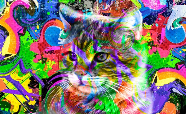 暗い背景に明るいペイントスプラッターとカラフルな芸術的な子猫の銃口 — ストック写真