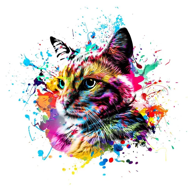 Colorful Artistic Cat Muzzle Bright Paint Splatters White Background — Stock Photo, Image