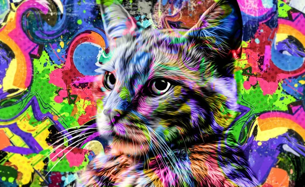 暗い背景に明るいペイントスプラッターとカラフルな芸術猫の銃口 — ストック写真
