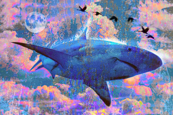 surrealistic colorful artistic shark swimming among clouds near flying birds in sky with moon on background, retro style
