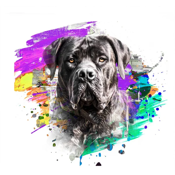 Colorido Artístico Cão Focinho Com Respingos Tinta Brilhante Fundo Branco — Fotografia de Stock