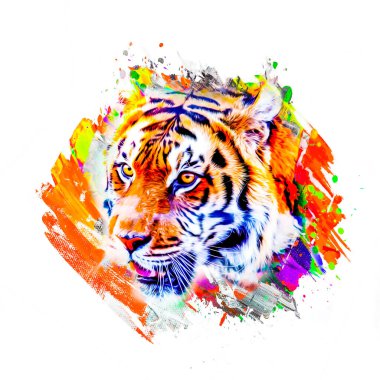Beyaz arka planda parlak boya lekeleri olan renkli sanatçı kaplan ağızlığı..