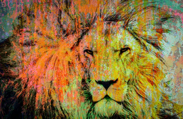 Colorful Artistic Lion Muzzle Bright Paint Splatters Dark Background — Stock Photo, Image