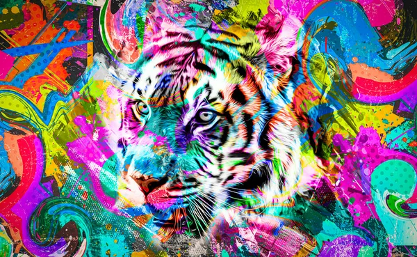 Colorful Artistic Tiger Muzzle Bright Paint Splatters White Background — Stock Photo, Image