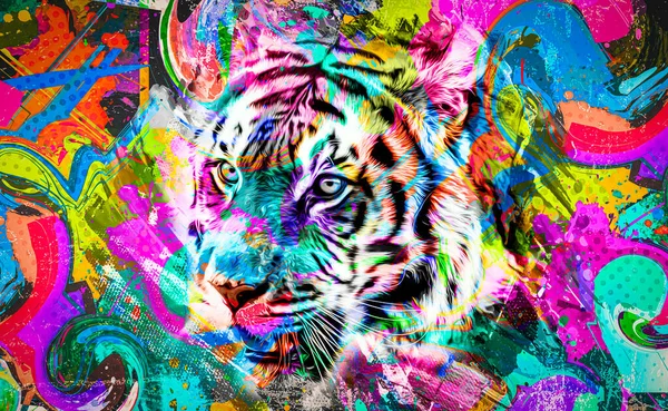 Colorido Tigre Artístico Hocico Con Salpicaduras Pintura Brillante Sobre Fondo —  Fotos de Stock