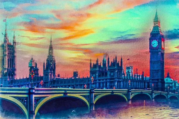 view of bright cartoon Westminster Bridge over River Thames near  Palace of Westminster and Big Ben , London , England