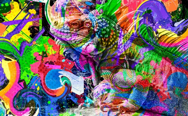 Bunte Künstlerische Eidechse Mit Hellen Farbspritzern Auf Dunklem Hintergrund — Stockfoto