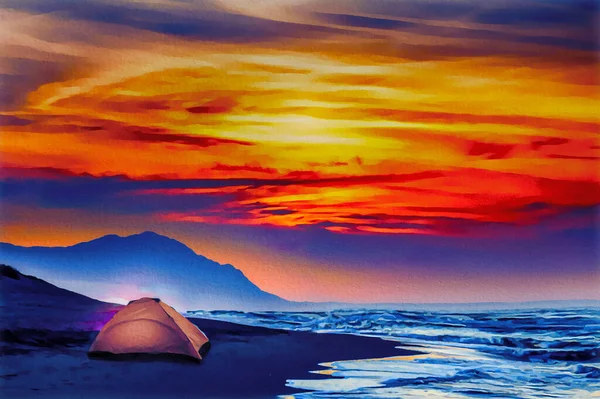 Picturesque View Sandy Coast Tent Wavy Sea Sunset — Stockfoto