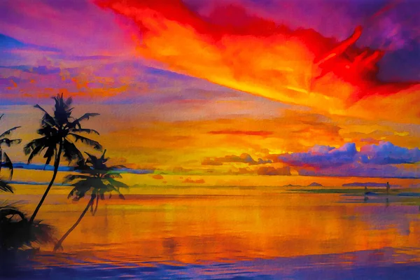 日落时带棕榈和波涛汹涌的大海的沙滩海岸风景如画 — 图库照片