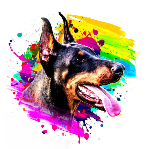 Colorful Artistic Doberman Dog Muzzle Bright Paint Splatters White Background — Stock Photo, Image