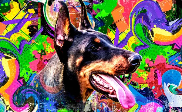 Beyaz Arka Planda Parlak Boya Lekeleri Olan Renkli Doberman Köpek — Stok fotoğraf