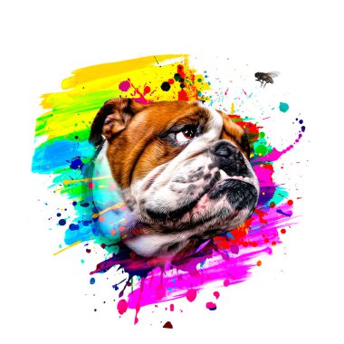 Beyaz arkaplanda yaratıcı soyut unsurlara sahip İngiliz Bulldog kafası