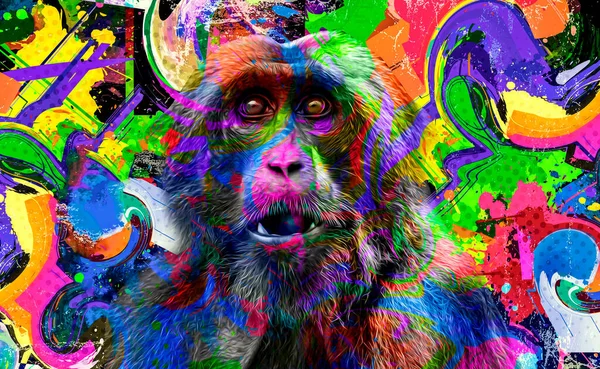 Colorido Macaco Artístico Focinho Com Respingos Tinta Brilhante Fundo Escuro — Fotografia de Stock