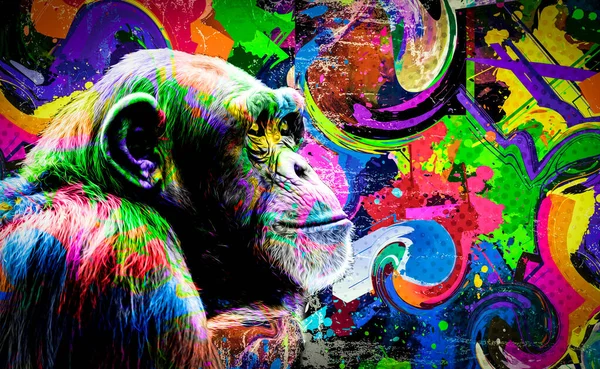 Colorido Macaco Artístico Focinho Com Respingos Tinta Brilhante Fundo Escuro — Fotografia de Stock