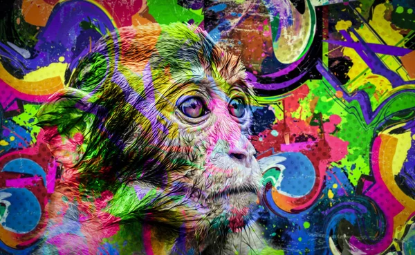 Colorful Artistic Monkey Muzzle Bright Paint Splatters Dark Background — Stock Photo, Image