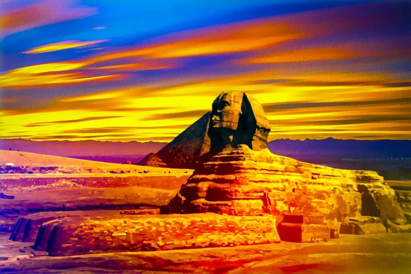 Malebný Pohled Velkou Sfingu Pyramidy Při Západu Slunce Egypt — Stock fotografie