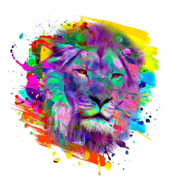 Colorido Artístico Leão Focinho Com Respingos Tinta Brilhante Fundo Branco — Fotografia de Stock