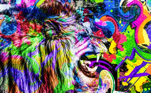 Colorido Artístico Leão Focinho Com Respingos Tinta Brilhante Fundo Escuro — Fotografia de Stock