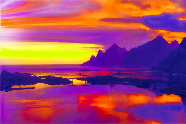 日落时带着高山和波涛汹涌的大海的沙滩海岸风景如画 — 图库照片