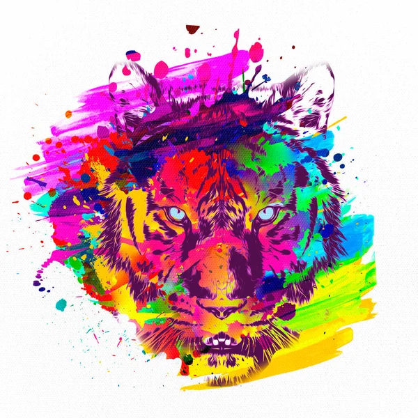 Colorido Tigre Artístico Focinho Com Respingos Tinta Brilhante Fundo Branco — Fotografia de Stock