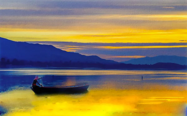 日落时带着渔夫在海上漂流的船 — 图库照片