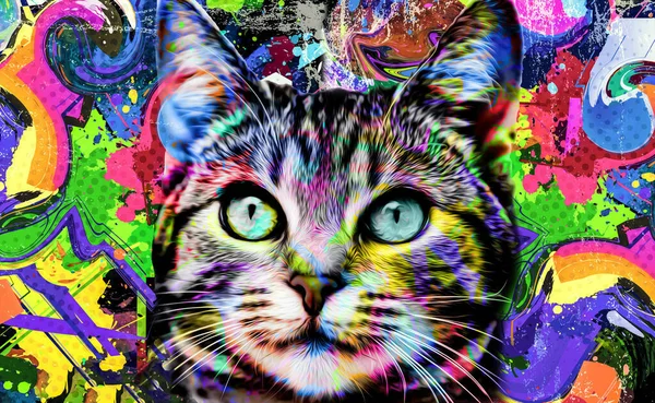 Kleurrijke Artistieke Kat Muilkorf Met Heldere Verf Splatters Donkere Achtergrond — Stockfoto